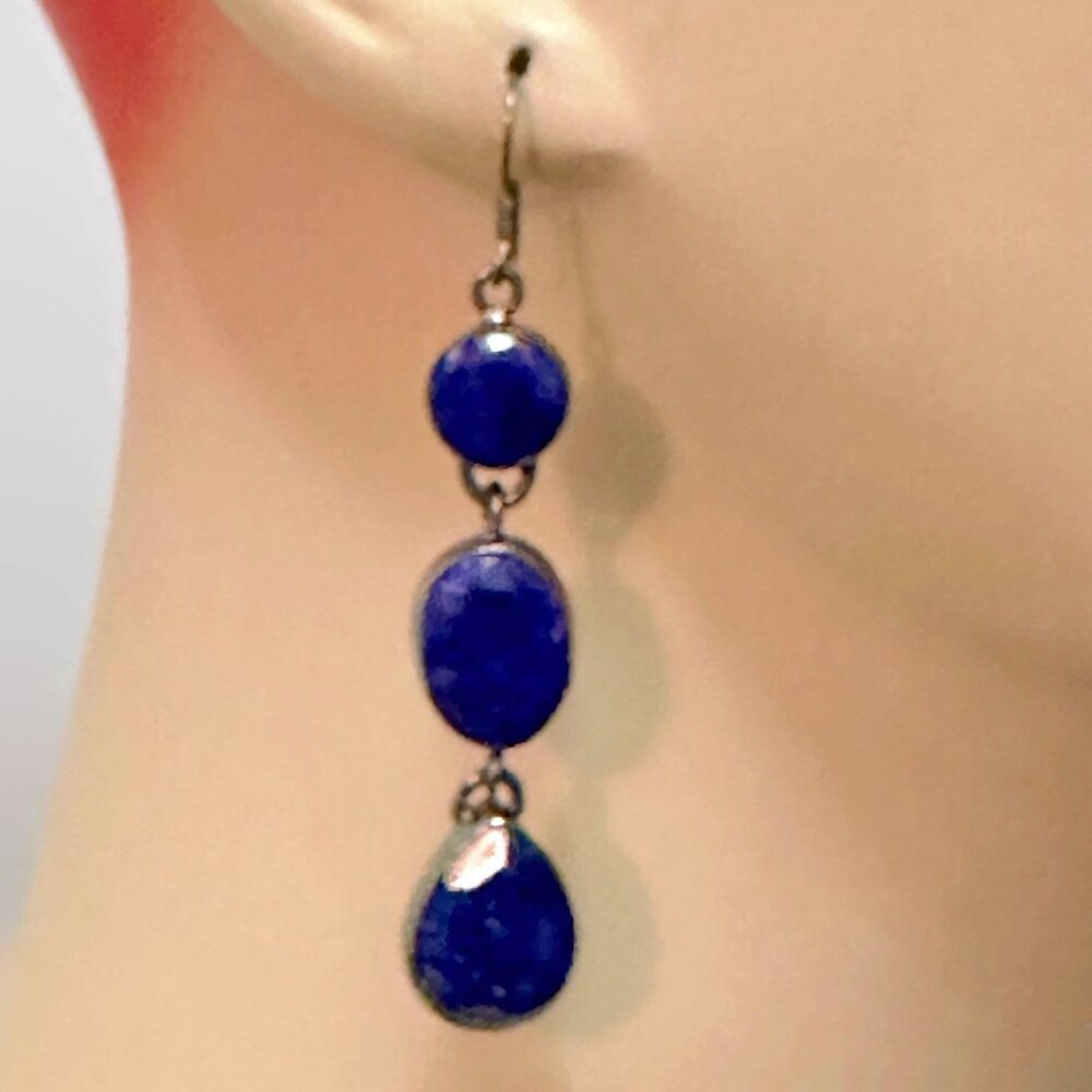 Blue Hathipada Stone Earrings: Black Silver Dangle Earrings - Picture 3 of 5